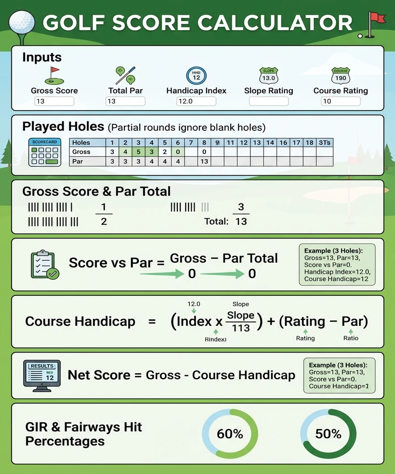 Golf score calculation showing gross score, score vs par, net score, GIR, and fairways hit