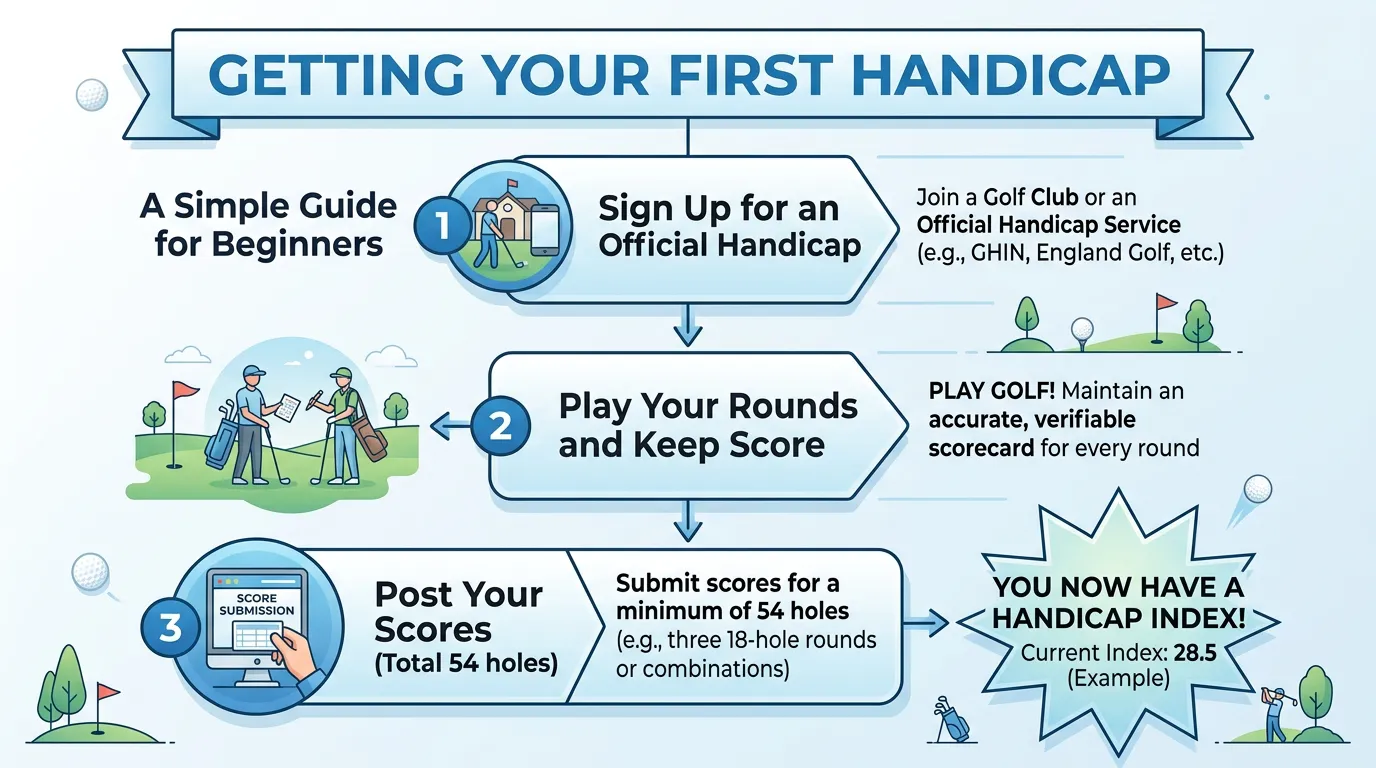 Step-by-step process flowchart for beginners to get an official golf handicap