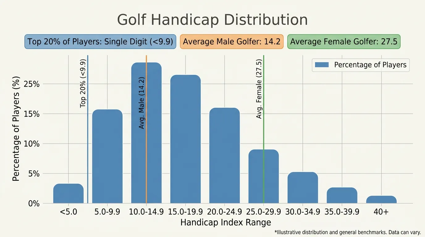 Chart showing golf handicap distribution and benchmark levels including male and female averages