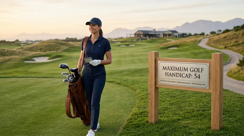 Golfer walking a coastal links course beside a sign reading Maximum Golf Handicap 54, the World Handicap System upper limit