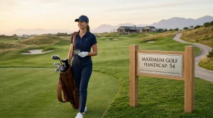 Golfer walking a coastal links course beside a sign reading Maximum Golf Handicap 54, the World Handicap System upper limit