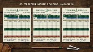 Three golf scorecards arranged representing a player score history