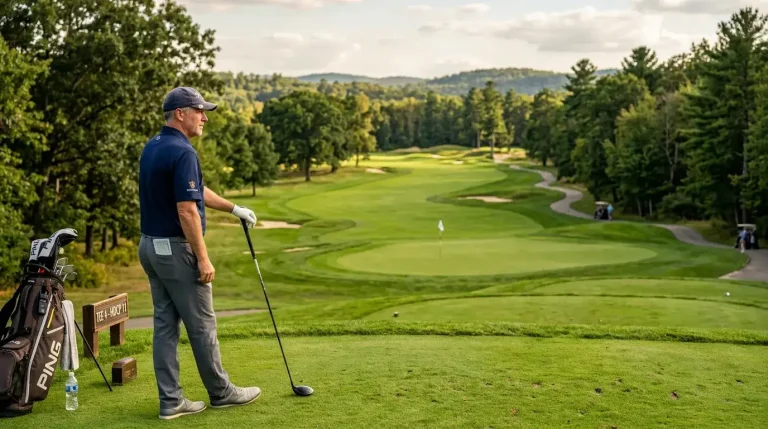 Golfer looking down a fairway contemplating their strategy