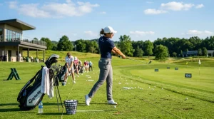 Golfer practicing at a driving range to improve their handicap