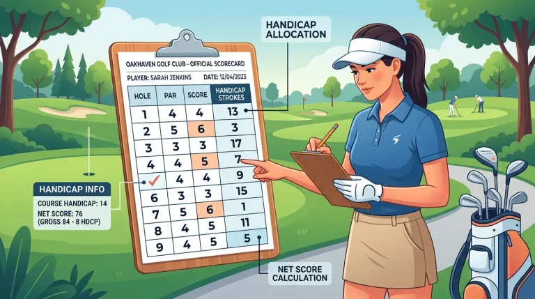 Golfer reviewing a golf scorecard with handicap information