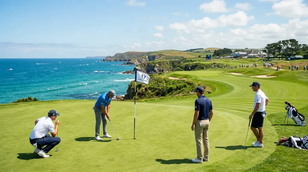 Four golfers playing a team golf format on a sunny course