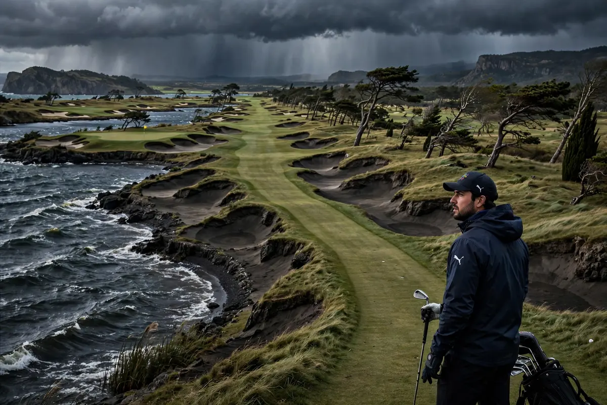 Parcours de championnat dramatique sous un ciel orageux, un golfeur étudiant un coup difficile — parcours de golf les plus difficiles des USA