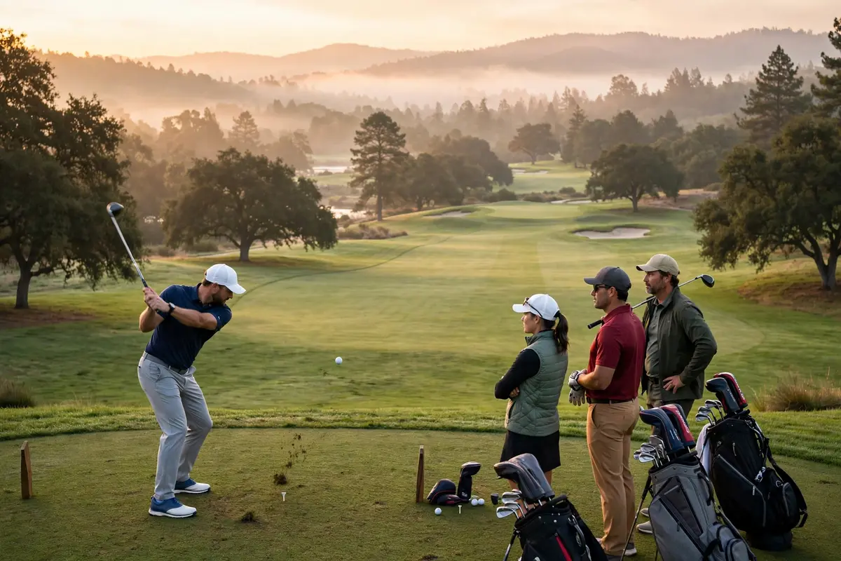 Cuatro golfistas en un tee al amanecer para la guía del formato shamble